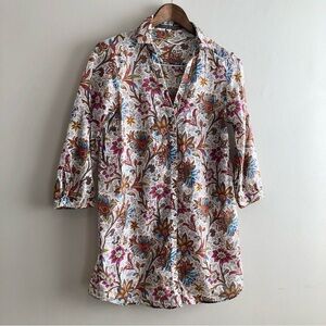 Zara Fall Bohemian Boho Floral Soft 3/4 Sleeve Button Down Blouse Shirt Cream